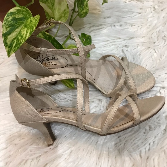 Life Stride | Shoes | Newflaunt Gold Precious Comfort Heeled Sandals | Poshmark